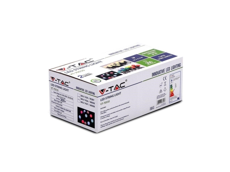 V-Tac LED lyskæde med 10 stk. 0,5W pærer - 5 meter, IP44, 230V, inkl. lyskilde