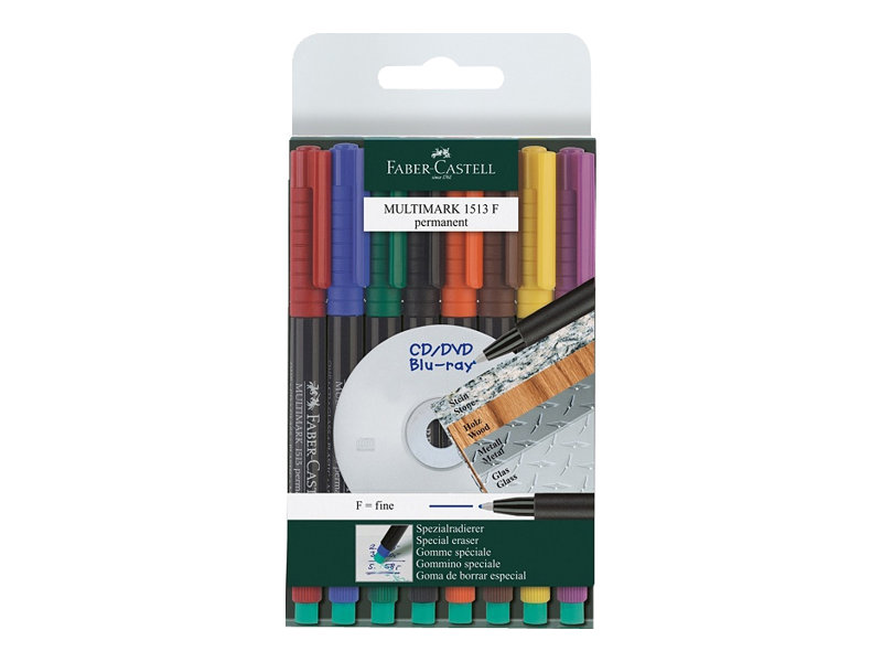 Faber-Castell MULTIMARK 1513 - Markør - permanent - 0.6 mm - fin - med viskelæder (pakke med 8)