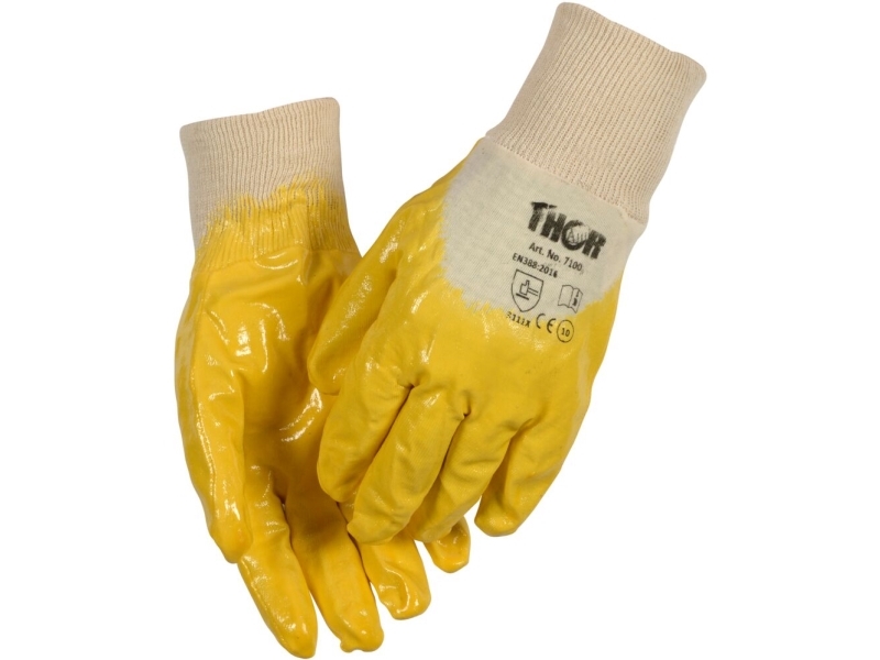 Halvdyppet nitrilhandske, THOR, 10, gul, bomuld/lycra/nitril