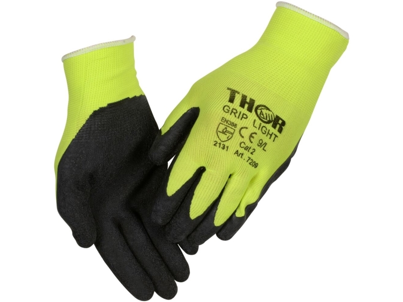 Fingerdyppet Latexhandske, Thor Light Grip, 9, Sort, Bomuld/Latex/Lycra/Polyester