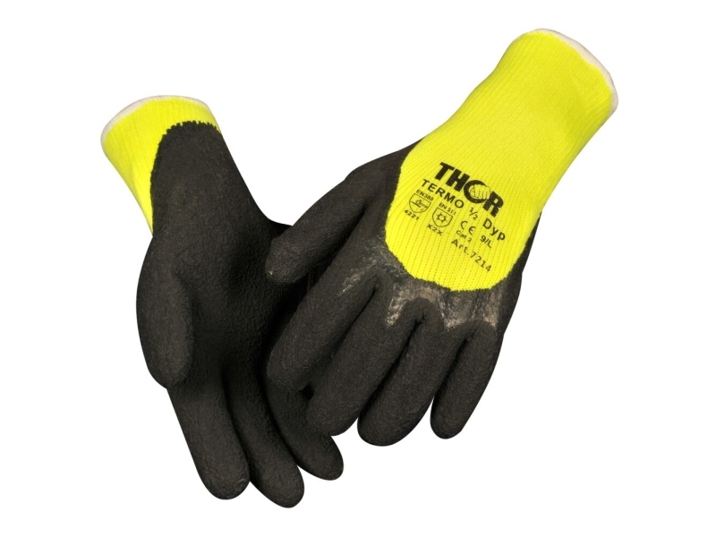 Halvdyppet Latexhandske, Thor Grip Termo, 10, Sort, Bomuld/Latex/Polyester