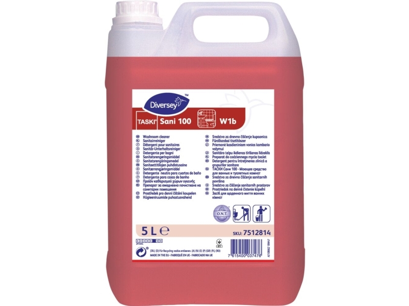 Sanitetsrengøring Sani 100 W1b Alkalisk Med Farve/Parfume 5 Ltr Rød,2 Dnk X 5 Ltr/Krt