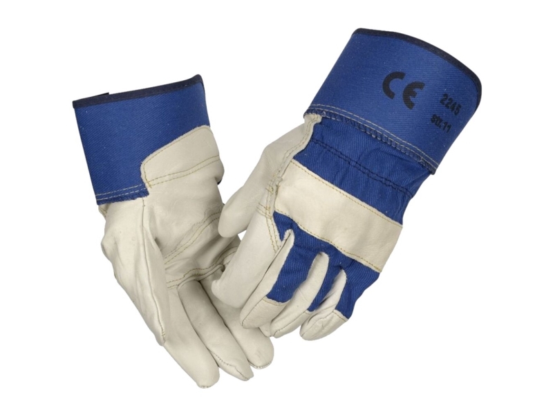 Oksehudshandske, ODIN, 8, blå, bomuld/okselæder, rigger