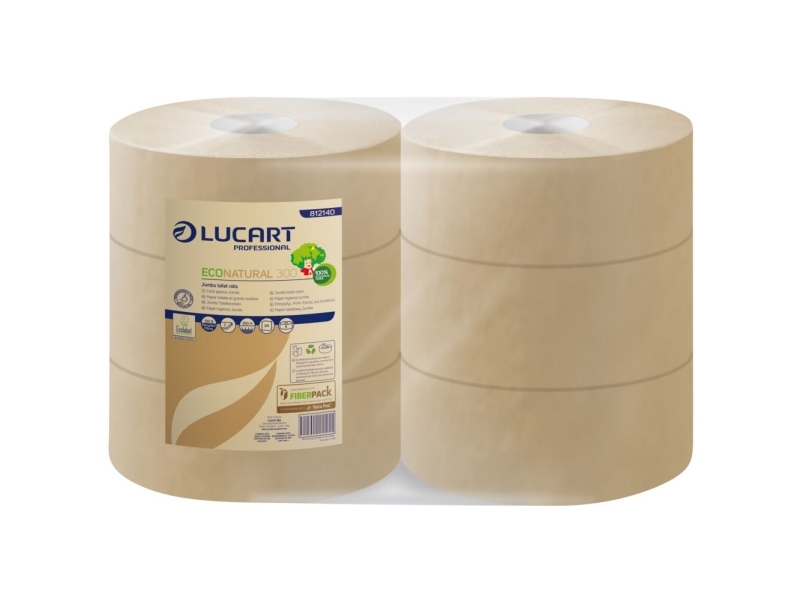 Jumborulle, Lucart T3 Natural, 2-Lags, Midi, 300M X 9,8Cm, Ø24,5Cm, Ubleget - (6 Stk.)