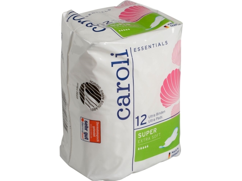 Sanitetsbindor, Caroli, 28x9,5cm, vit, Ultra bindor, Super, med vingar - (12 st.) | N - A | GameStuff