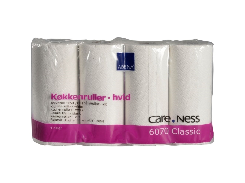 Hushållspapper, ABENA Care-Ness Classic, 2-lagers, 17,85m x 22cm, Ø10,5cm, vit, blandade fibrer - (7 förpackningar x 4 rullar) | Rengöring - Avtorkning - Hushållspapper | GameStuff