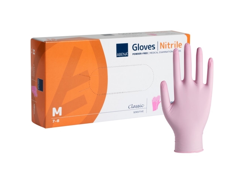 Undersøgelseshandske, ABENA Classic Sensitive, M, pink, nitril, pudderfri - (100 stk.)