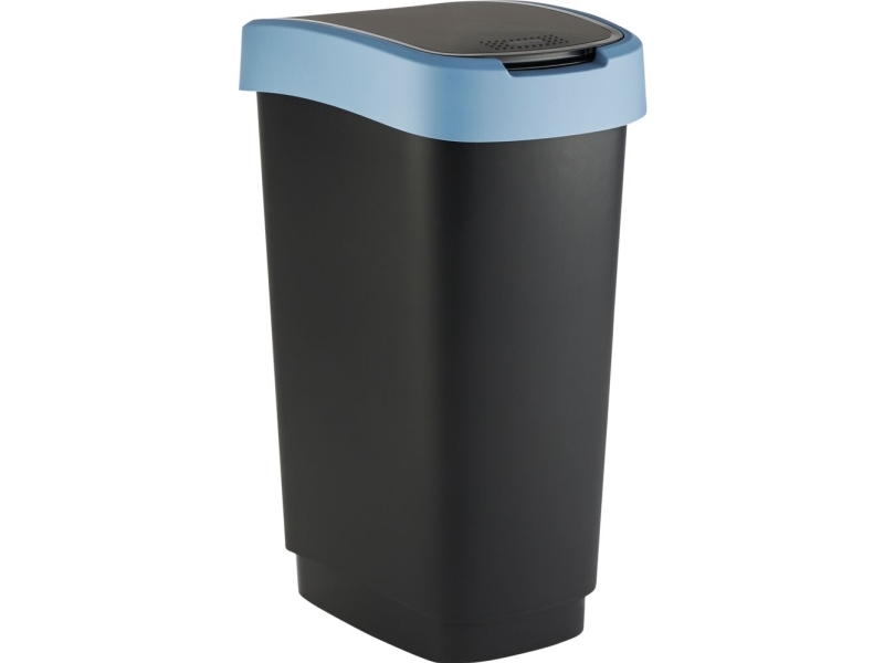 Abfalleimer, Rotho Twist, Schwarz, Kunststoff, 50 L, Schwarzer Deckel Mit Blauem Rand