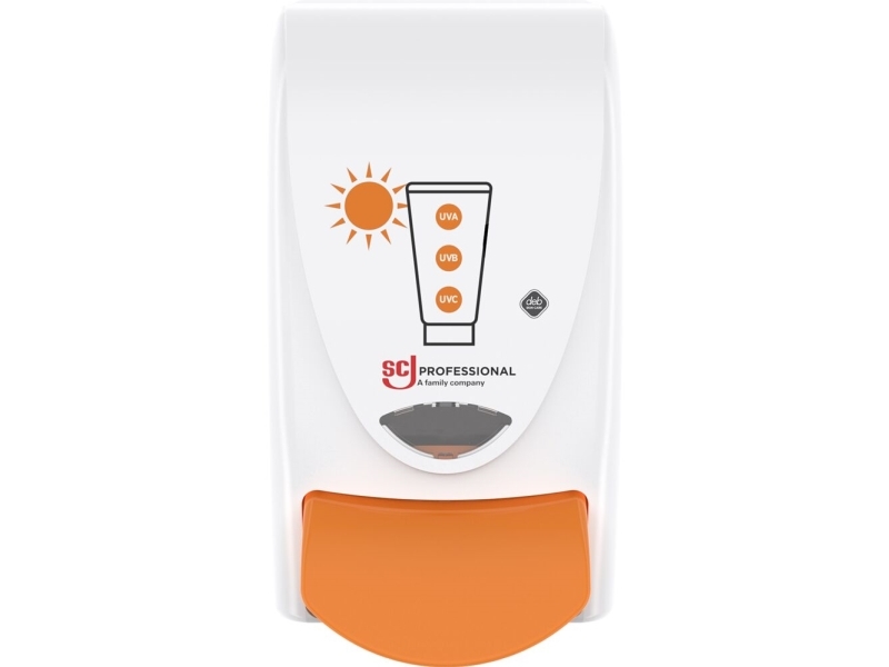 Dispenser, SCJ Professional Sun Protect, 1000 ml, hvid, plast, manuel, med orange knap,1,0 ml pr. dosering