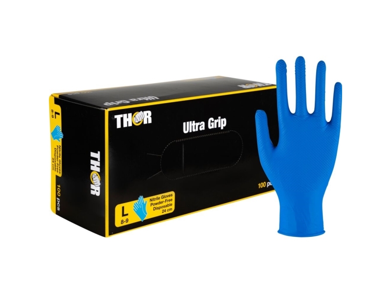 Engangshandske, Thor Ultra Grip, L, Mørkeblå, Nitril, Fish Scale Textureret - (10 Stk.)