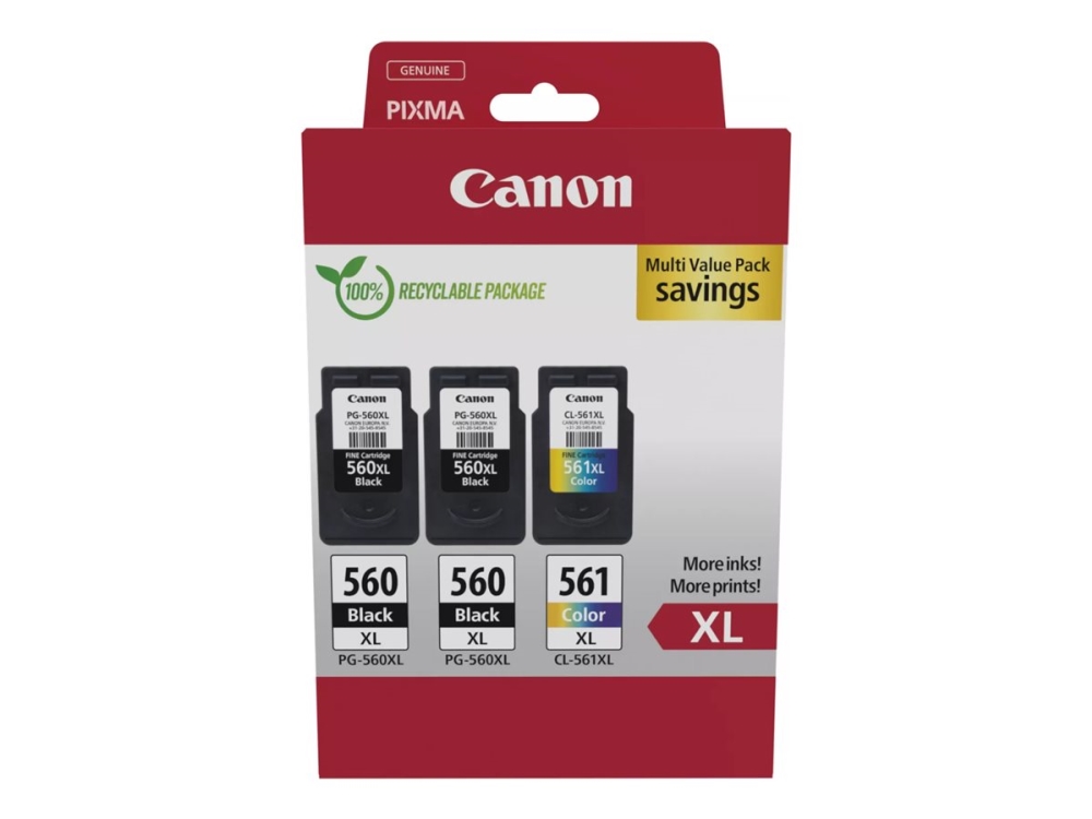 Canon Pg-560Xl X2/Cl-561Xl Multi Value Pack - 3-Pack - Lång Livslängd - Svart, Färg (Cyan, Magenta, Gul) - Original - Hängande Låda - Bläckpatron - För Pixma Ts5350, Ts5351, Ts5352, Ts5353, Ts7450