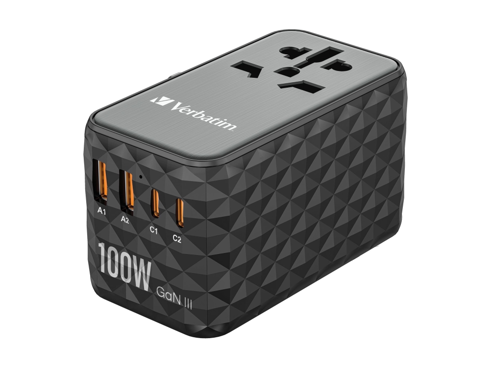 Verbatim UTA-06 - Strömadapter - GaN III, universell - 100 Watt - 5 A - PD 3.0, QC 4.0+, QC 3.0, Fast Charge, Superladdning, Apple Fast Charge, PD/PPS, USB BC 1.2 - 4 utdatakontakter (2 x USB, 2 x USB-C) - svart | Datortillbehör - Laddare & Batterier - Nätaggregat adaptrar | GameStuff