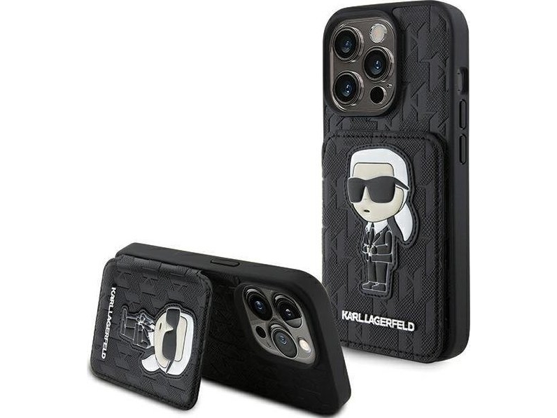 Karl Lagerfeld Klhcp15lsakknsck Iphone 15 Pro 6.1" Czarny/Black Hardcase Saffiano Cardslots And Stand Monogram Ikonik Patch