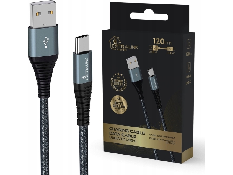 Usb Extralink Extralink Smart Life 15W Usb-A - Usb-C Kabel, 120Cm, Nylongeflochten, 5V 2.4A/3A, Schwarz
