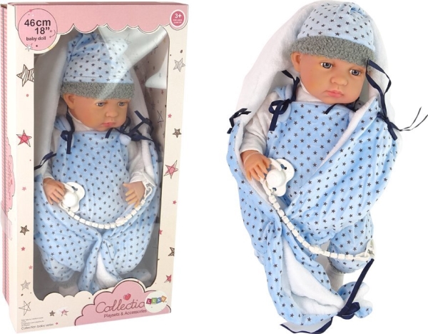 Leantoys Babypuppe 46 Cm Blau Mit Schnuller, Decke Und Stern