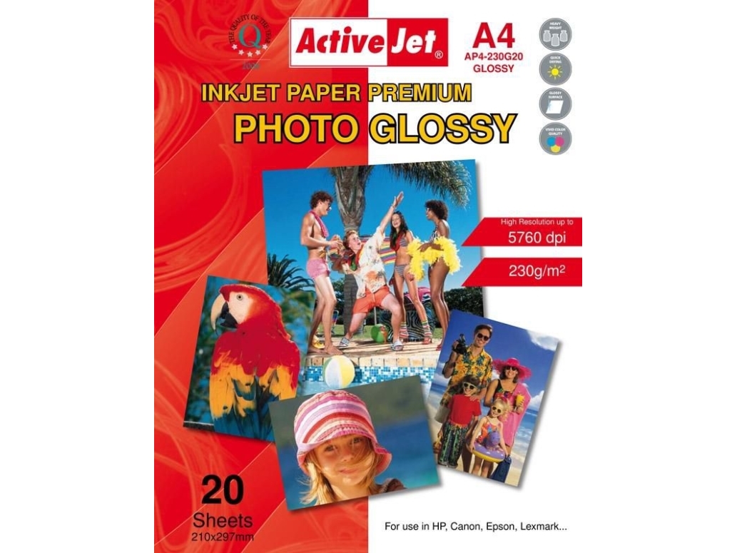 Activejet Ap4-230G20 (A4 20 Kopier) Blankt Papir, Glans, 230 G/M², Inkjet, A4, 21X29.7 Cm, Hvid