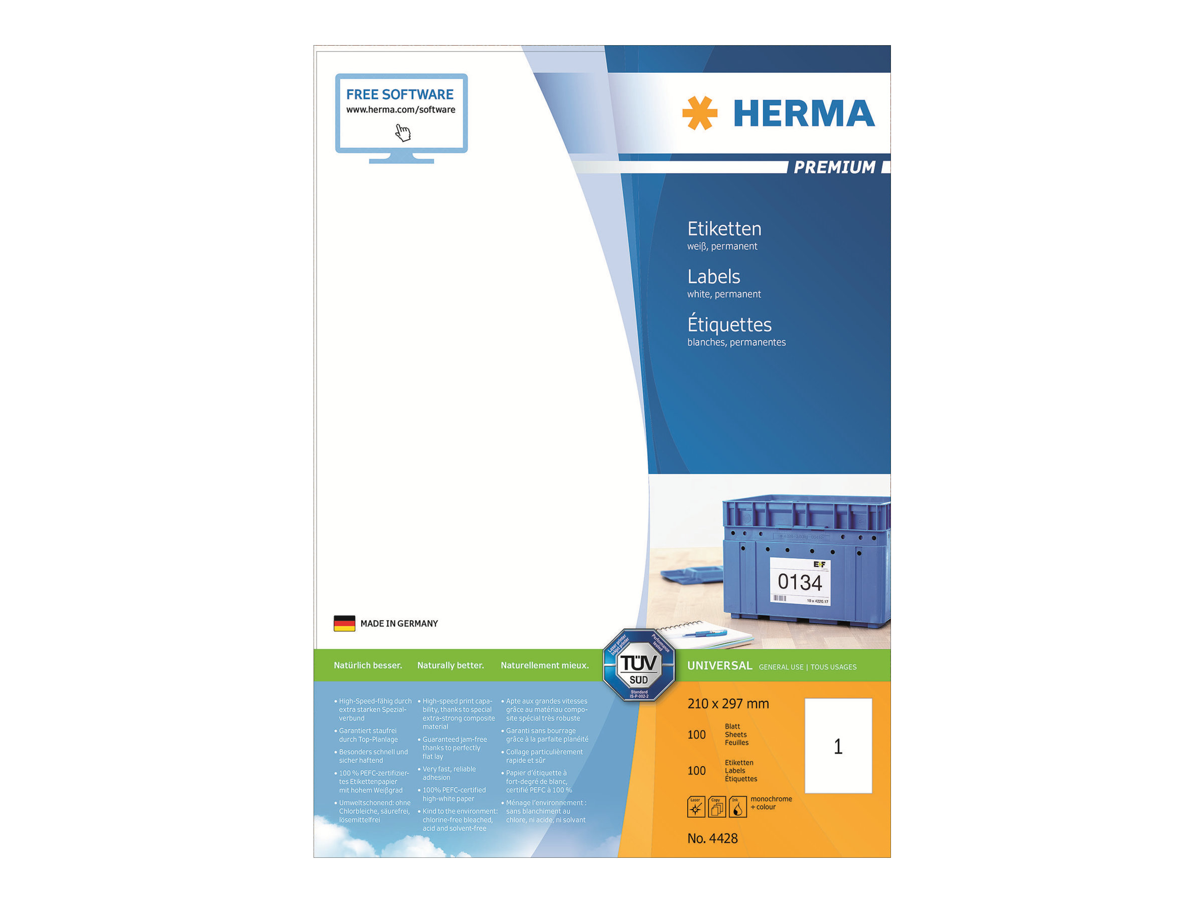 Herma Etiketten Premium A4 210X297 Mm Weiß Papier Matt 100 St., Weiß, Selbstklebendes Druckeretikett, A4, Papier, Laser/Inkjet, Permanent