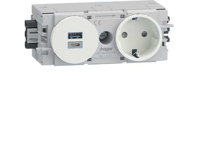 Hager Gs16009016, Usb A + Usb C, 2P, Hvid, Polyamid, 250 V, 16 A