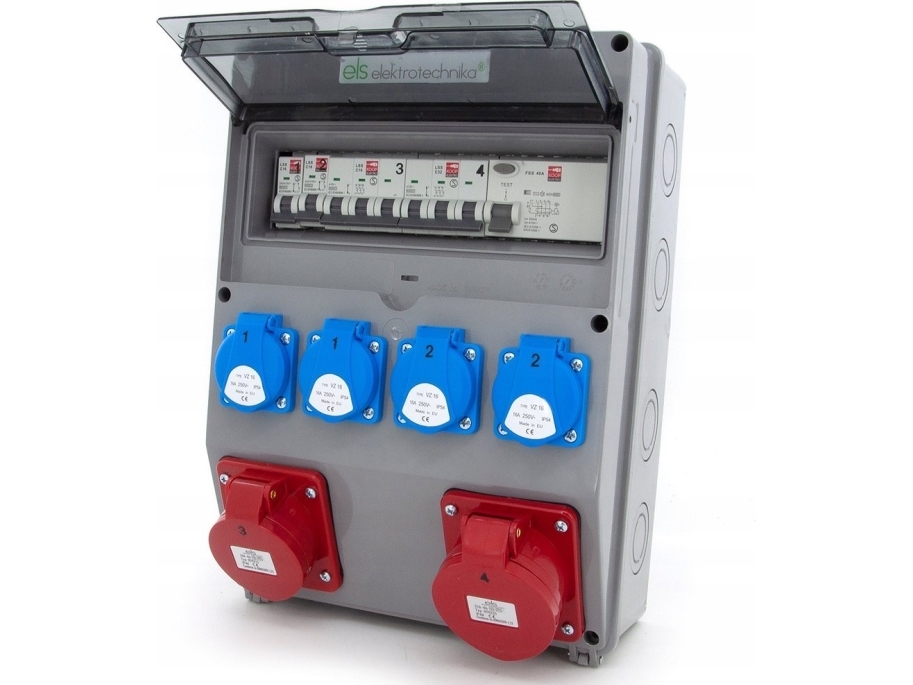 Els Elektrotechnika Bygningsfordeler 32A/5 + 16A/5 + 4Xgs 230V + Sikringer + Fejlstrømsrelæ, Vægmonteret, Vindue 12M, 12No42c11c11cf