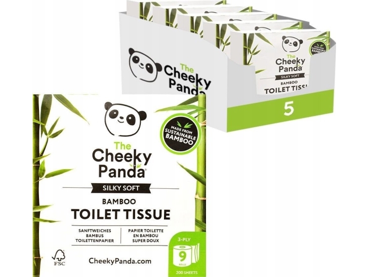 Cheeky Panda Cheeky Panda, Trelags Toalettpapir 9 Ruller X 5 Pakker, 45 Ruller, 9000 Ark, Kartong