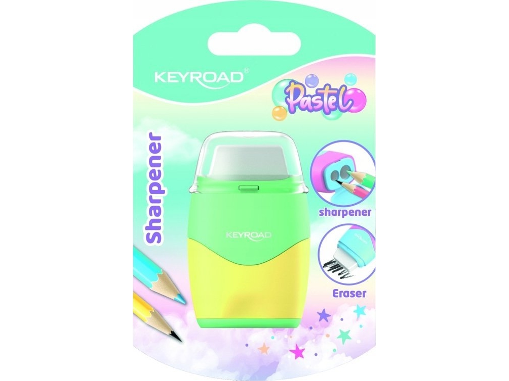 Keyroad Doppel-Spitzer Aus Kunststoff Mit Radiergummi Keyroad Pastell, Blister, Farbenmix