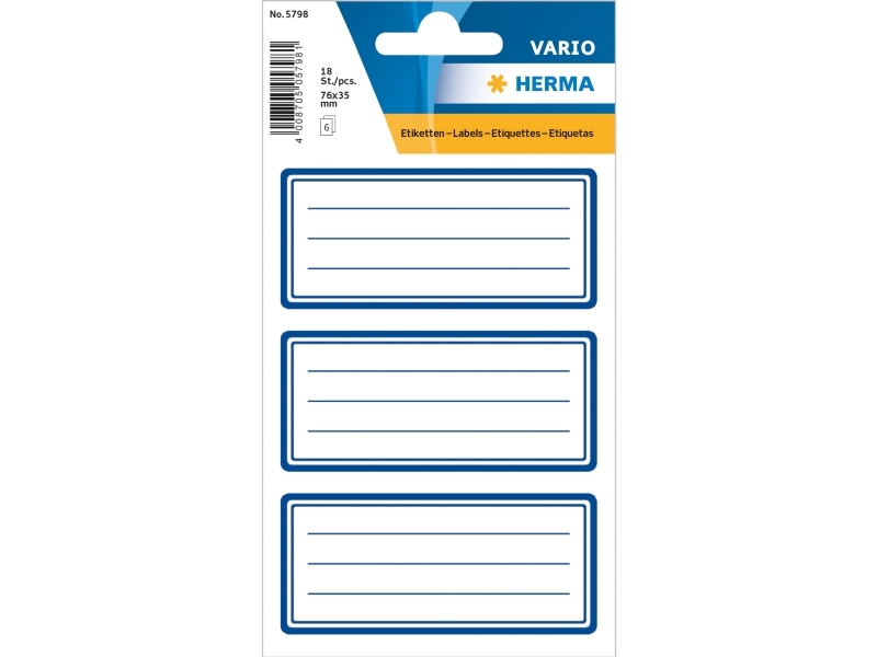 HERMA 5798, Blå, Hvid, Rektandel, Permanent, 76 x 35 mm, Papir, 18 stk