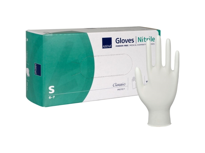 Undersökningshandske, ABENA Classic Protect, S, vit, nitril, puderfri - (150 st.) | Kläder & Säkerhet - Handskar - Rengöringshandskar | GameStuff