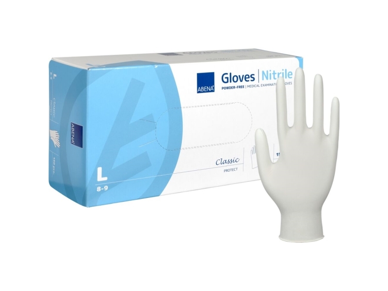 Undersökningshandske, ABENA Classic Protect, storlek L, vit, nitril, puderfri - (150 st.) | Kläder & Säkerhet - Handskar - Rengöringshandskar | GameStuff