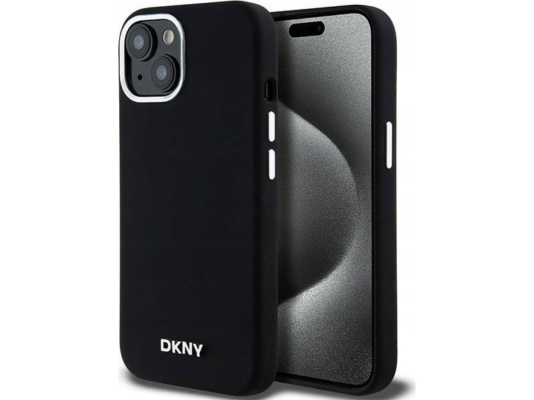 Dkny Flüssigkeit Silikon Klein Metall Logo Magsafe Dėklas Iphone 15 / 14 / 13 - Juoda