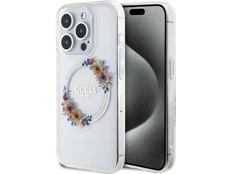 Guess Iml Flowers Wreatch Magsafe Cover Til Iphone 15 Pro - Transparent