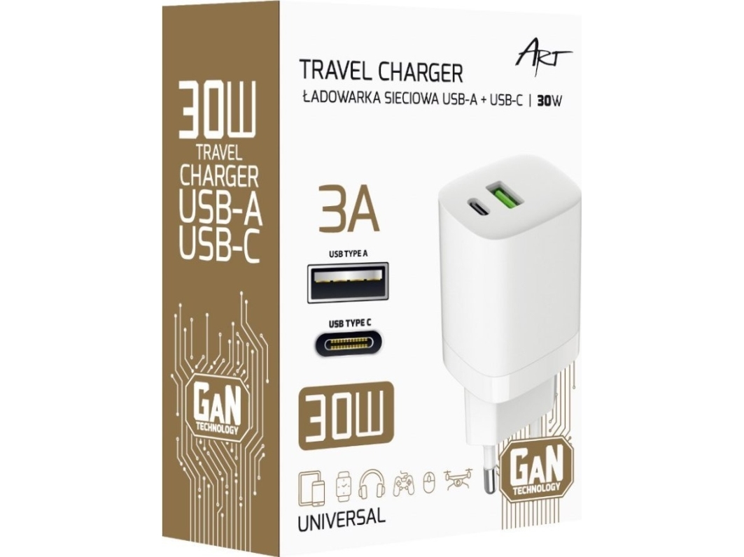 Art Power Charger Gan Pd/Qc 4.0 1X Usb-C 1X Usb-A 30W Art