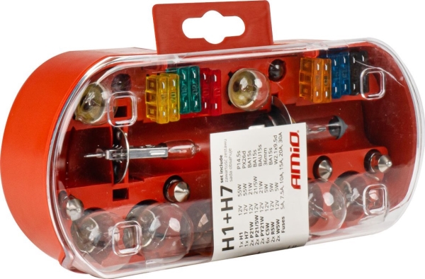 Padėklo komplektas, atsarginių lempučių komplektas, saugikliai, 30 vnt. h7 + h1 amio-03960