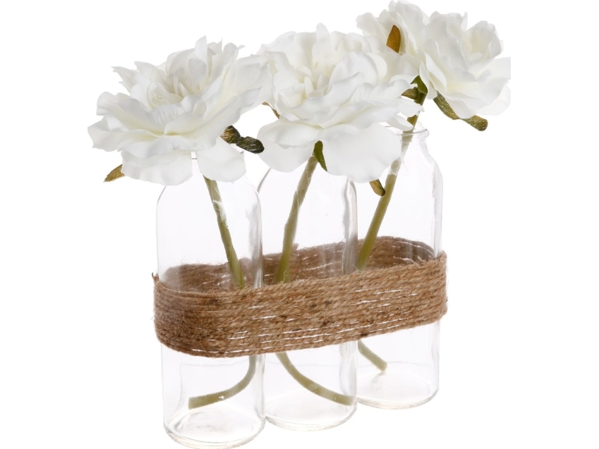 Atmosphera Dekorativt arrangement med kunstige roser, dekorative blomster i flasker bundet med snor