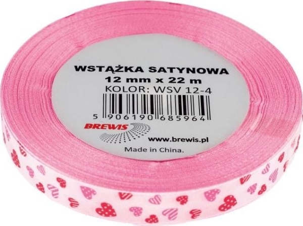 Satin Ribbon Hearts Pink 12Mm X 22M