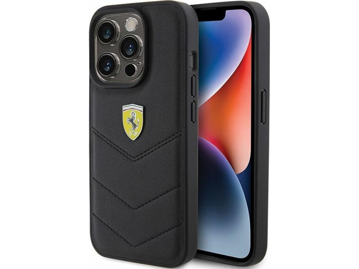 Ferrari Quiltet Metal-Logo Cover Til Iphone 15 Pro - Sort
