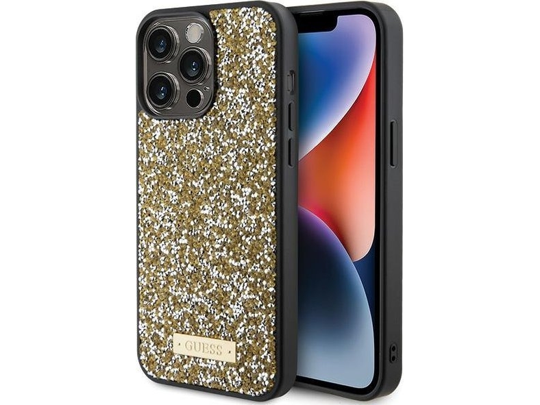 Guess Rhinestone Metal Logo Cover Til Iphone 15 Pro Max - Gul