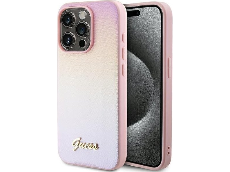 Guess Saffiano Iriserende Script Etui Til Iphone 14 Pro - Pink