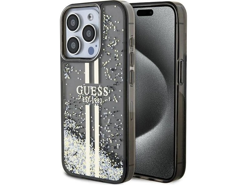 Guess Guhcp15llfcsegk Handyhülle Für Iphone 15 Pro 6,1" Schwarz Hardcase Liquid Glitter Gold Stripes