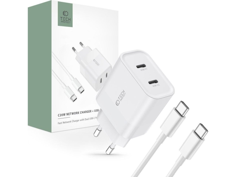 Tech-Protect C20w Netzladegerät 2X Usb-C Pd 20W Mit Usb-C / Usb-C Kabel - Weiß