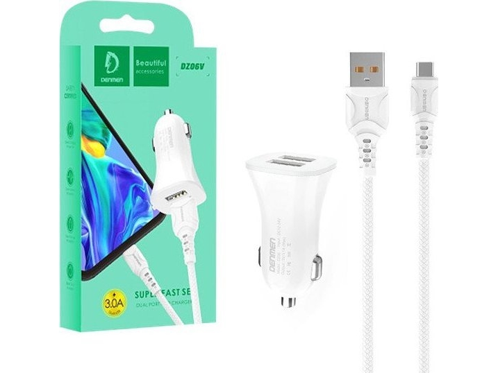 Vega Car Charger 3A + Kabel Typ-C Weiss Denmen 3100Ma Dual Fast Charging 2Xusb Dz06t 15W&Gt