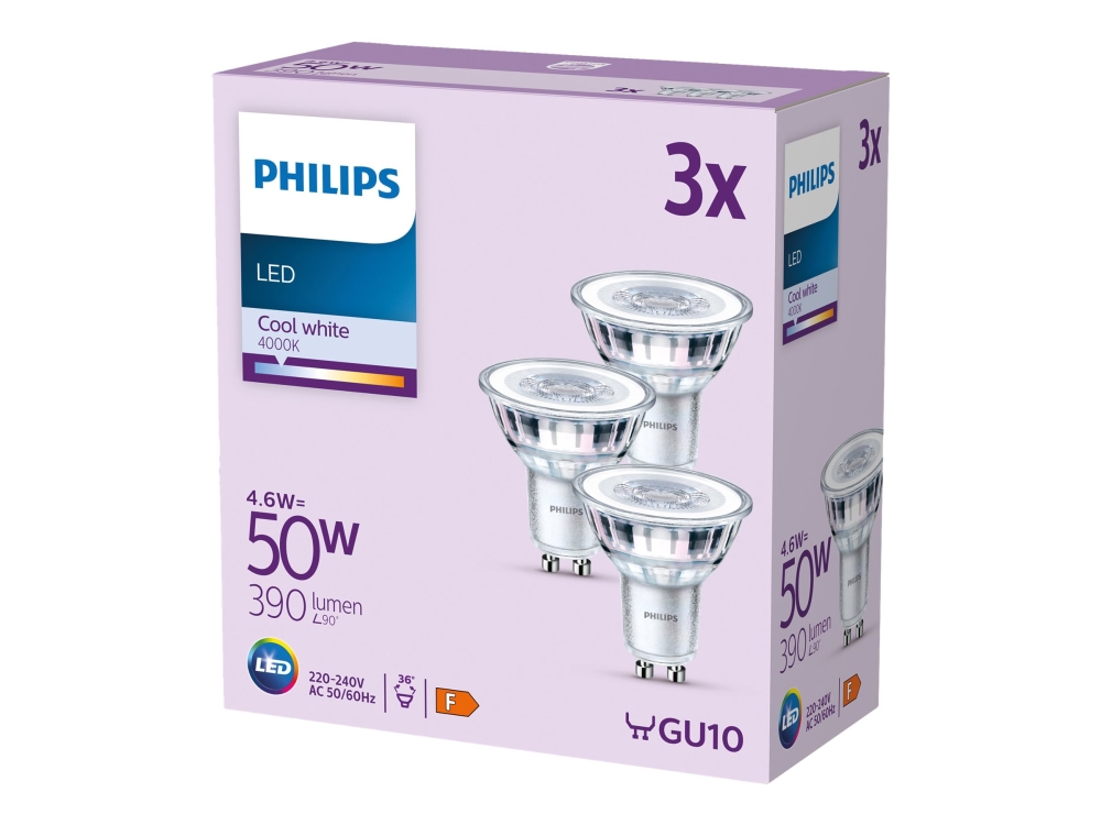 Philips Kohdelamppu, 4,6 W, 50 W, GU10, 390 lm, 15000 h, Viileä valkoinen