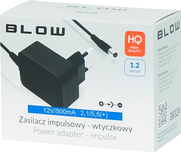 Blæsestrømforsyning 3834# Puls.12V/ 500Ma 2.1/5.5 (+) Strømforsyning