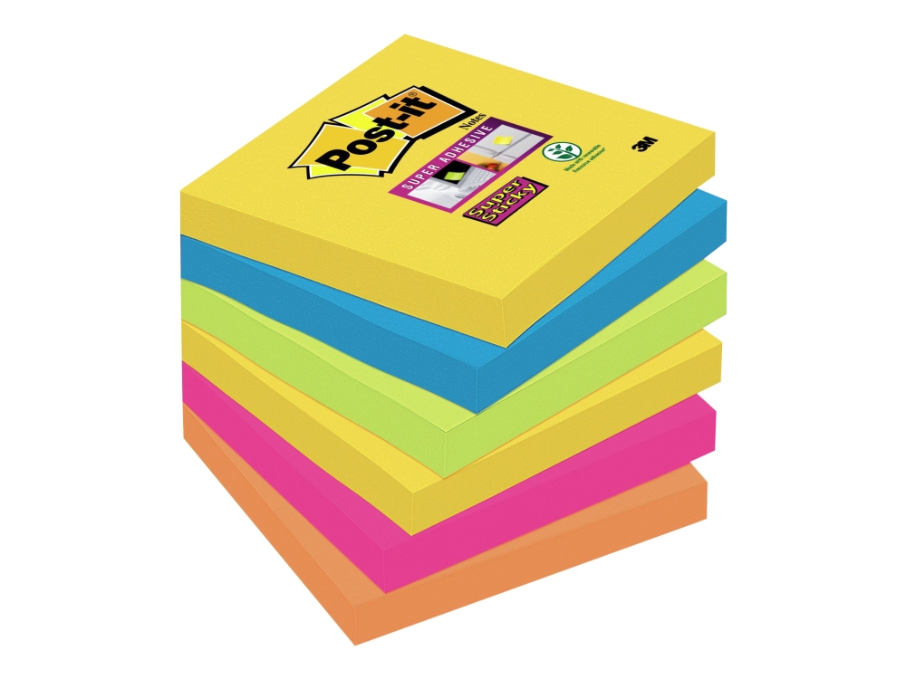 Post-it Super Sticky Rio de Janeiro 654-6SS-RIO-EU - Noter - 76 x 76 mm - 540 ark (6 x 90) - neongul, middelhavs blå, neongrøn, fuchsia, neonorange