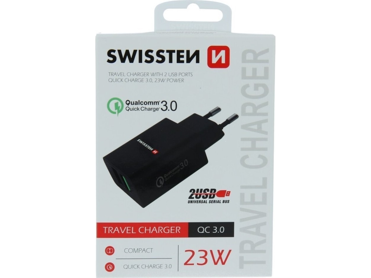 Swissten Premium-Netzladegerät 2X Usb / Qc3.0 23W Schwarz