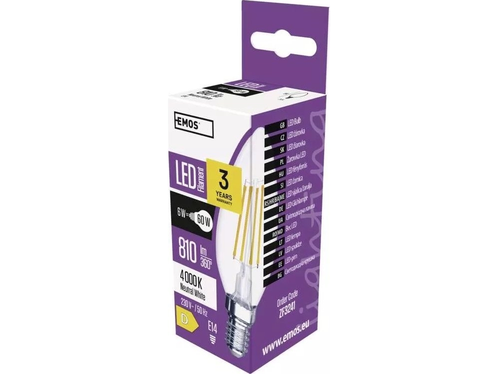 Emos Led-Lampe 6W (60W) E14 Kerzen-Glühfaden 810 Lm 4000K Neutralweiß Zf3241