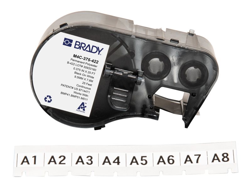 Brady - Polyesteri - kiiltävä - Pysyvä aggressiivinen akryyliliima - 4 miljoonaa - Musta valkoisella - Rulla (0,95 cm x 7,6 m) 1 rulla(t) jatkuva tarrakasetti nauhalla - Brady BMP53:lle