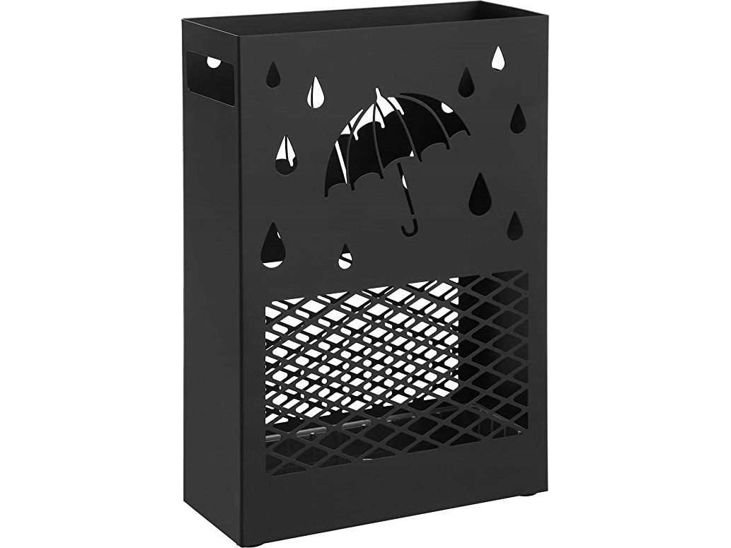 Songmics parasolholder i metal rektangulær med aftagelig drypbakke, 4 kroge, udskåret design