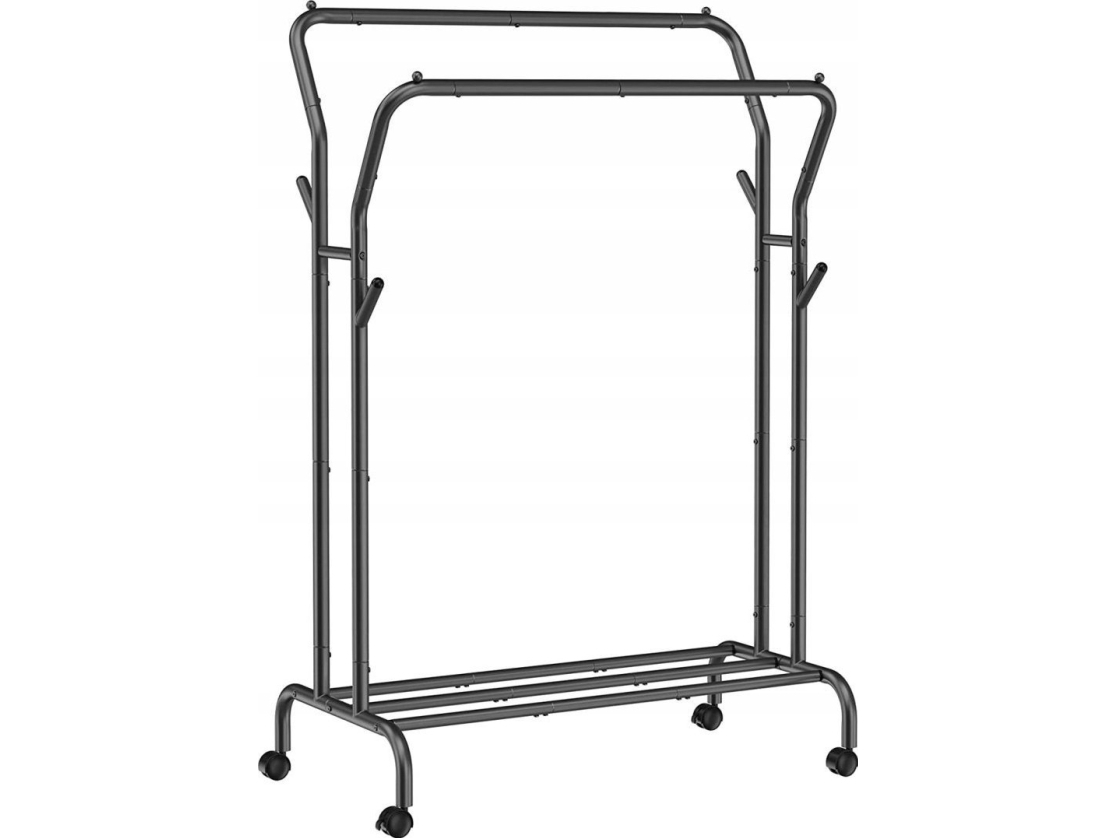 Songmics vaatetanko, vaatteiden ripustuspalkki, kaksinkertainen vaatetanko, kestävä metallirunko, pyörillä ja hyllyllä, 100 kg kokonaispainoa