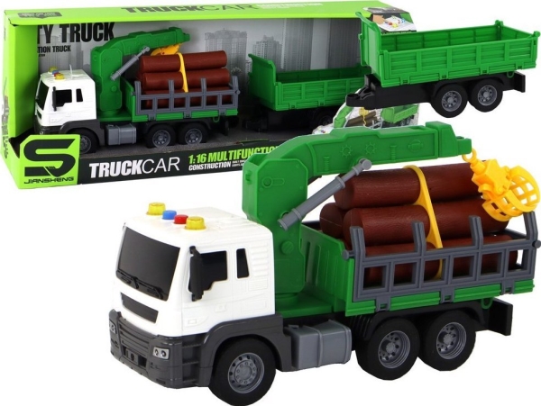 LeanToys lastbil med kran, släp, friktionsdrift, ljud, grön trä, 1:16 | Leksaker - Bilar och andra fordon - Lastbilar | GameStuff