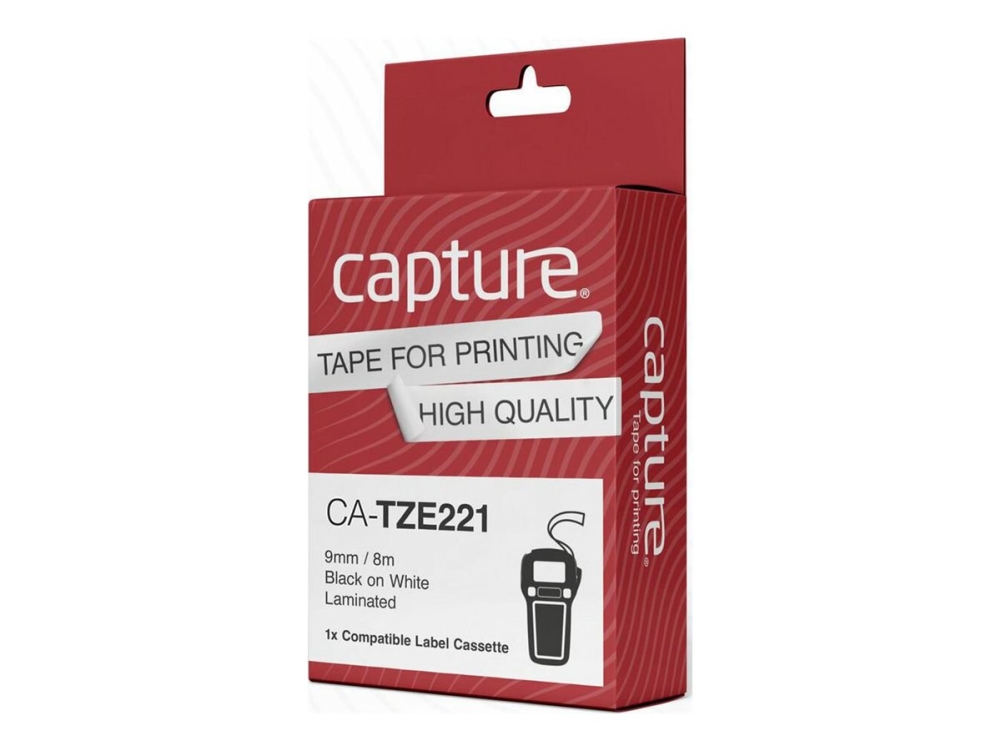 Capture - Nylon - Sort På Hvid - Rulle (0,9 Cm X 8 M) 1 Kassette Hængekasse - Lamineret Bånd (Alternativ Til: Brother Tze221)